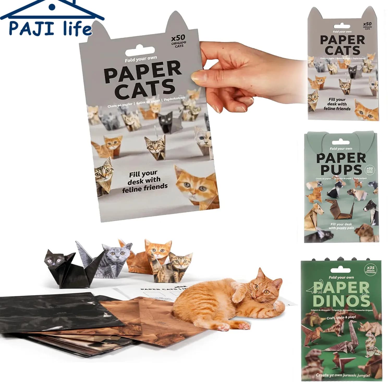 DIY Paper Cats Origami Kit 50 Sheets – 3D Paper Cat & Dog Folding Craft Set for Kids & Adults, Cute Origami Gift & Desk Decor