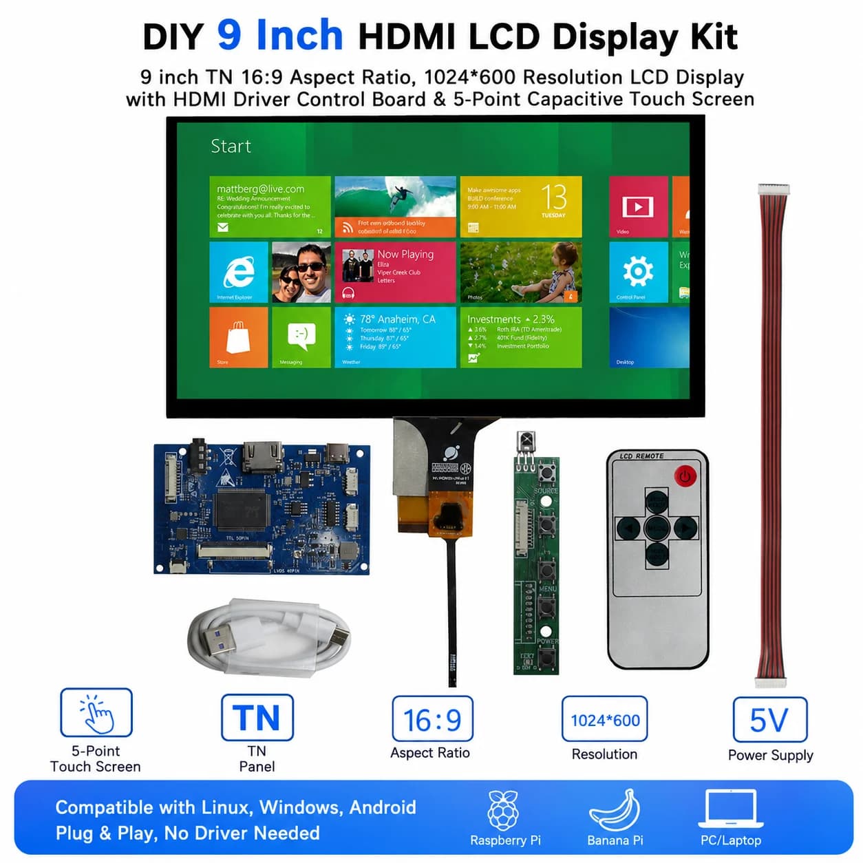 9 Inch LCD Screen Driver Audio Digitizer Monitor Touchscreen Control Board for Screen Assisted by Computer Raspberry Pi PC