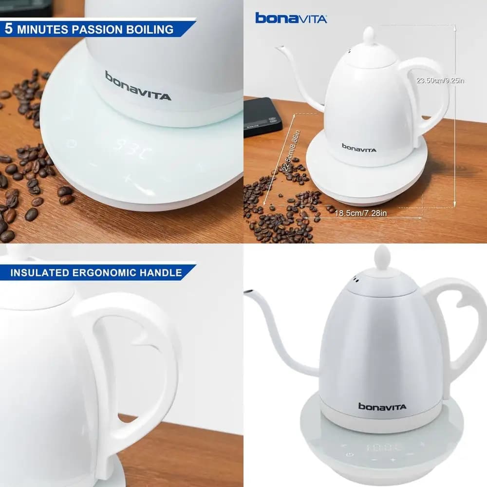 1.0 litre stainless steel swan neck electric kettle with precise pouring control, 6 temperature settings, glass touch panel, quick boiling