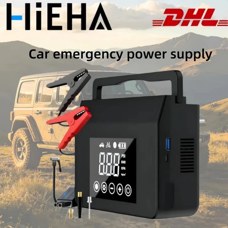 hieha portable car jump starter 4000A 12V Portable Car Battery Charger, 150PSI Tire Inflator, 15000mAh Power Bank With LED Light