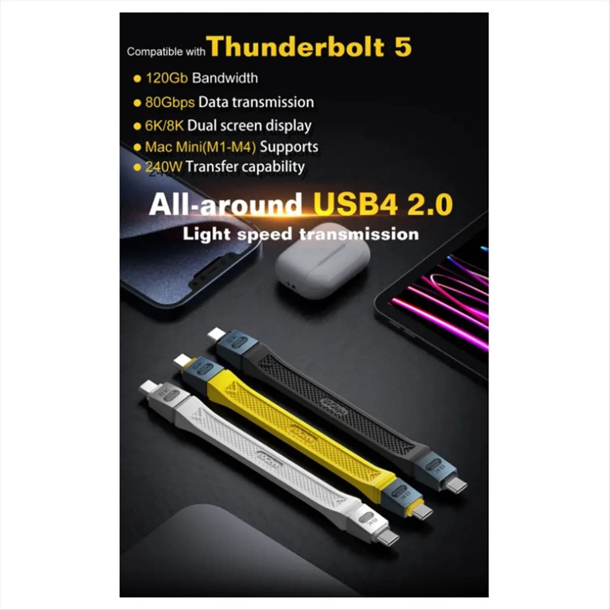 A72Z New Usb4 2.0 Cable 80Gbps Usb C to Egpu 16K Pd 240W One-Way 120Gbps Short Cable Black