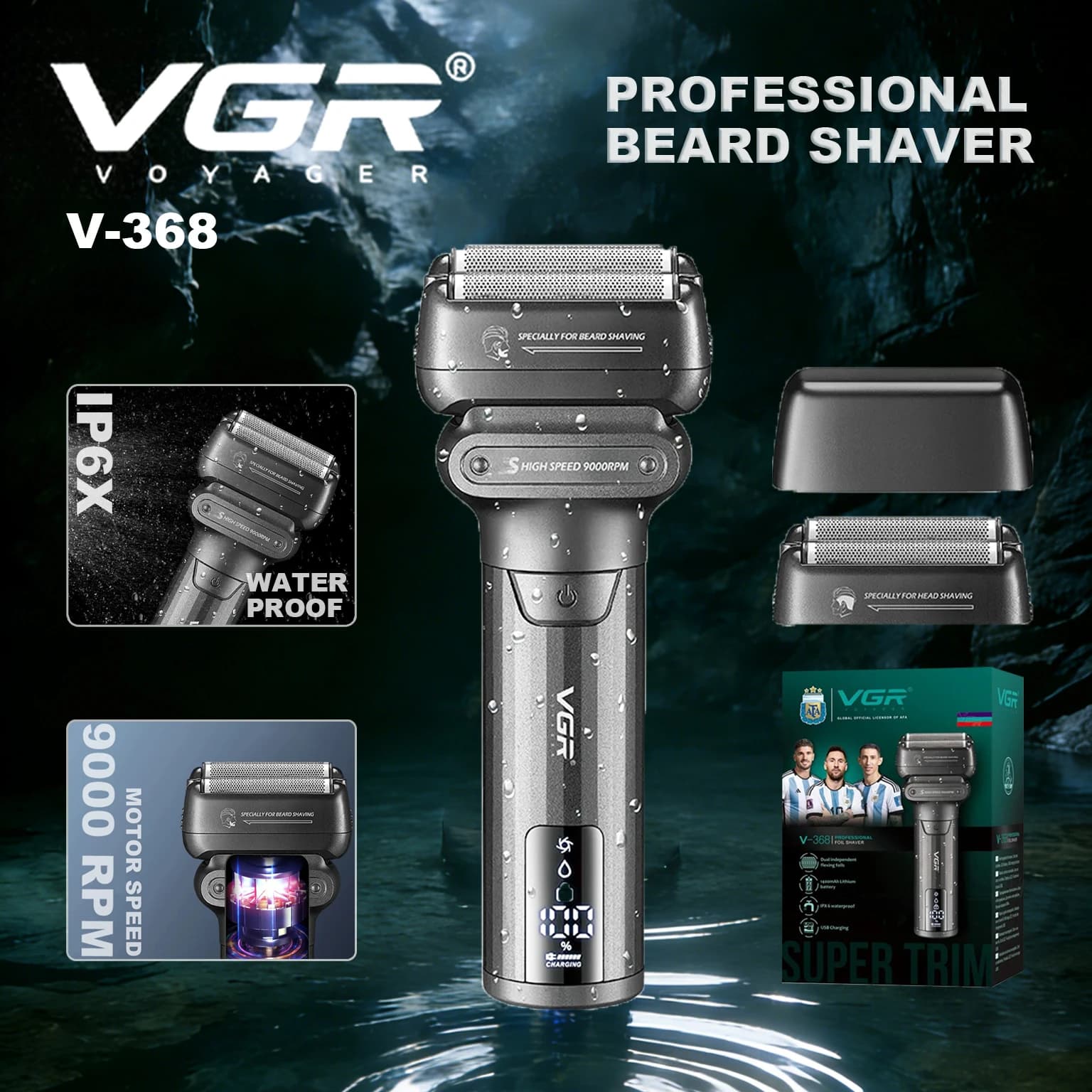 VGR NEW GLOBAL LICENSOROF ARGENTINA NATIONAL TEAM Electric Razor Professional Rulebarba Portable IPX6 Razor from 9000 rpm LED Men's Razor V-368 V-375 V-376