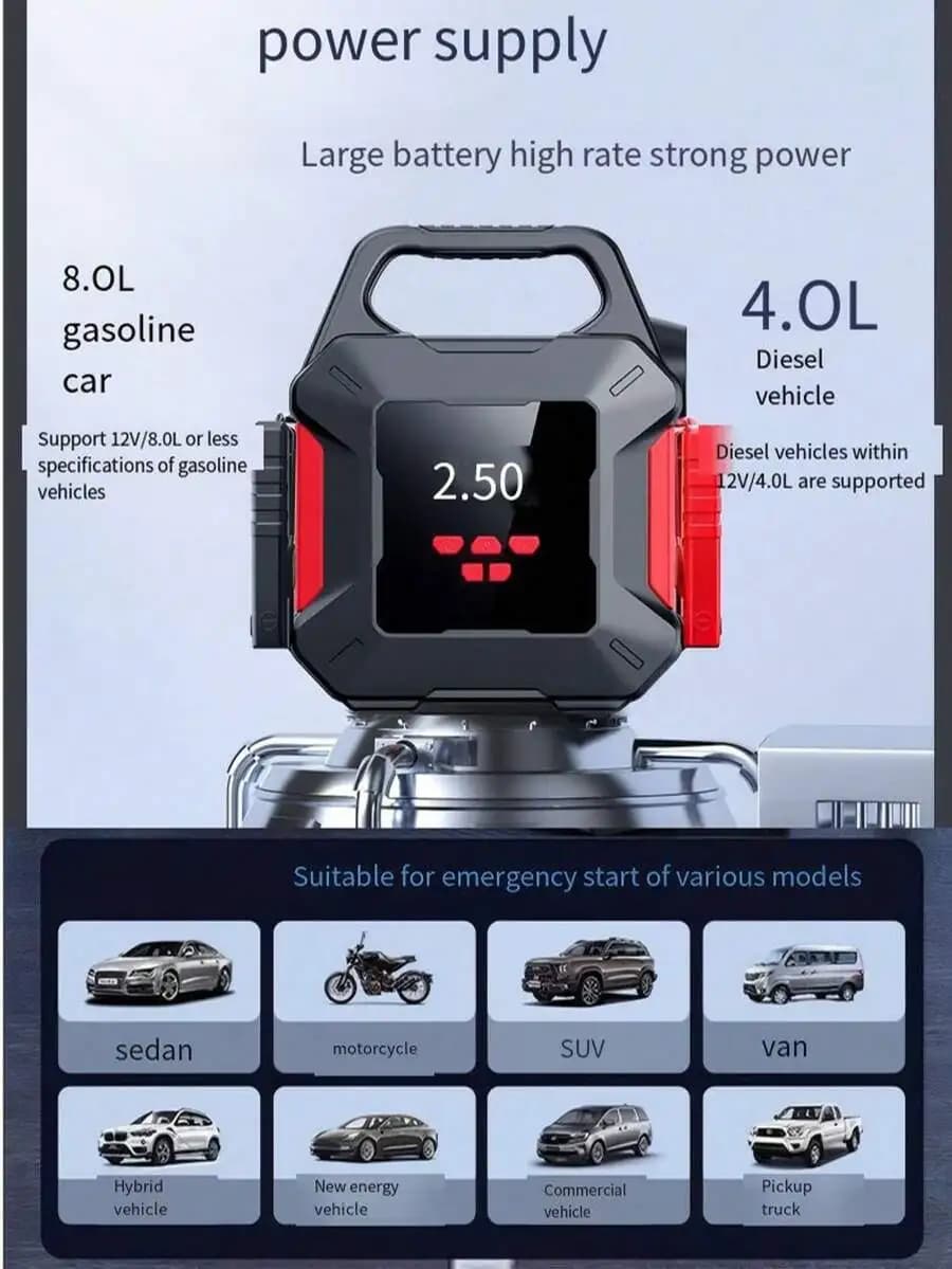 Avviatore d'Emergenza 2-in-1 per Auto con Compressore d'Aria, 600A di Picco, 150PSI, Caricabatterie 12V, Power Bank, Luce LED di Emergenza