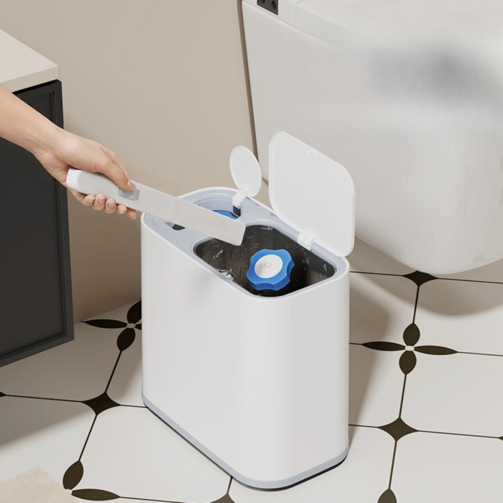 Bathroom Trash Can with Toilet Brush Automatic Slim Trash Can with Wheels Wastebasket Rectangular