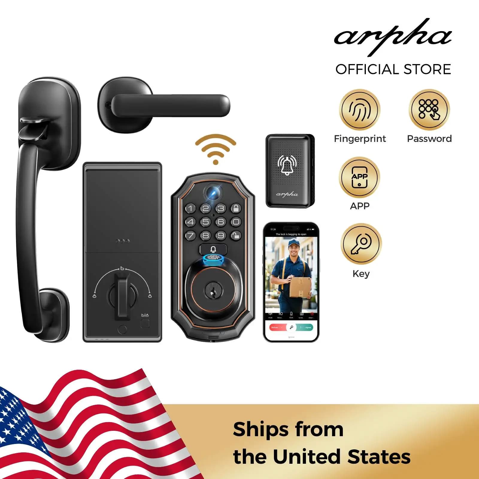 ARPHA Smart Lock D289H Smart WiFi Serratura senza chiave con fotocamera 5 in 1 Telecamera con ingresso impronte digitali Sistema di blocco automatico controllato da app