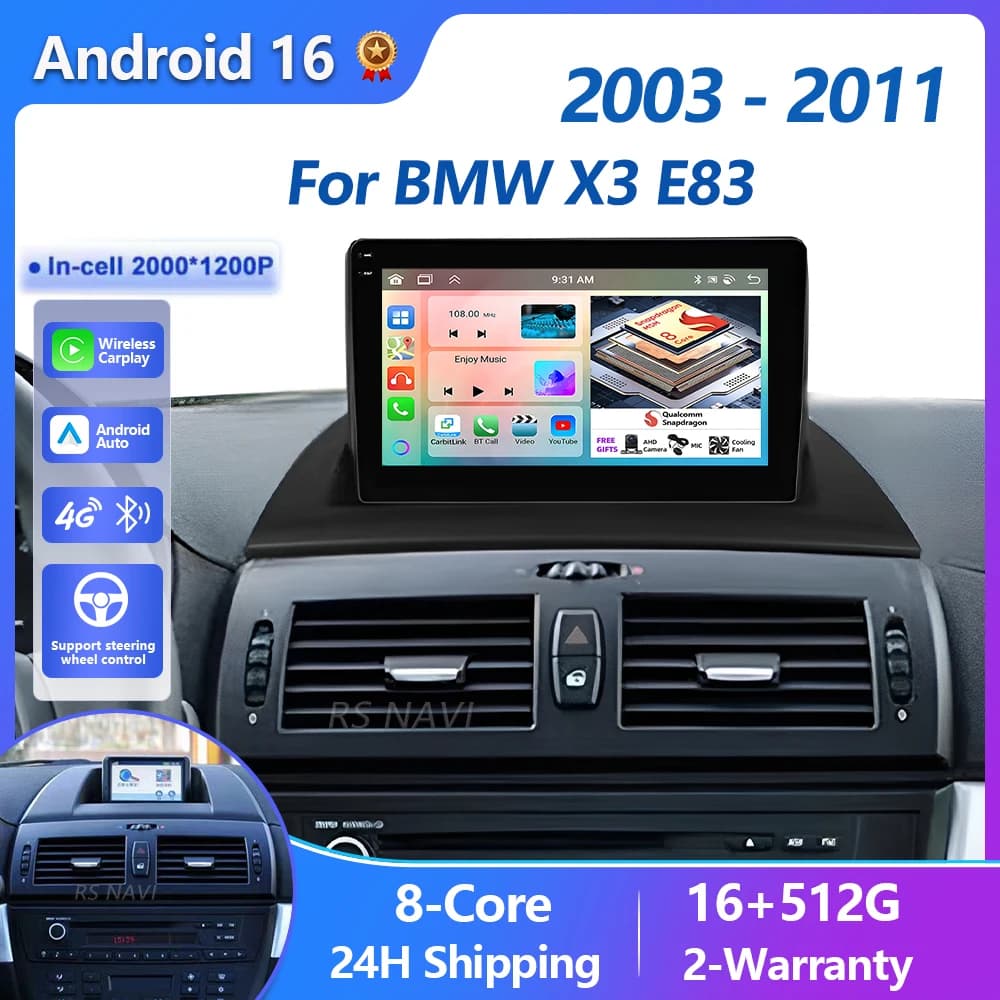 Autoradio Android 15 2K Plug and Play with Carplay, DAB+, WIFI+4G for BMW X3 E83 2003-2011 E53 X5 M5, GPS Stereo