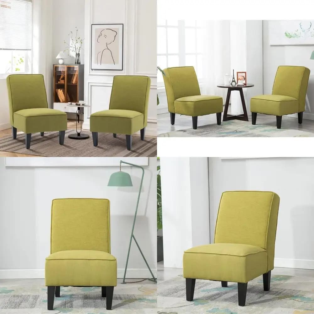 Accent chairs without armrests padded in green linen - set of 2 for living room, slippers for bedroom with comfortable fabric