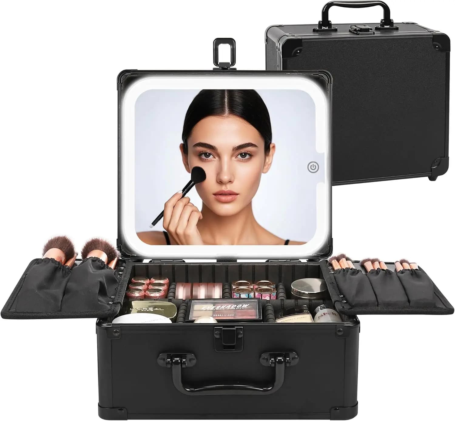Borsa per il Trucco con Specchio LED, Valigetta da Viaggio per Cosmetici con Specchio Illuminato Ricaricabile e Divisori Regolabili, Pennello per il Trucco