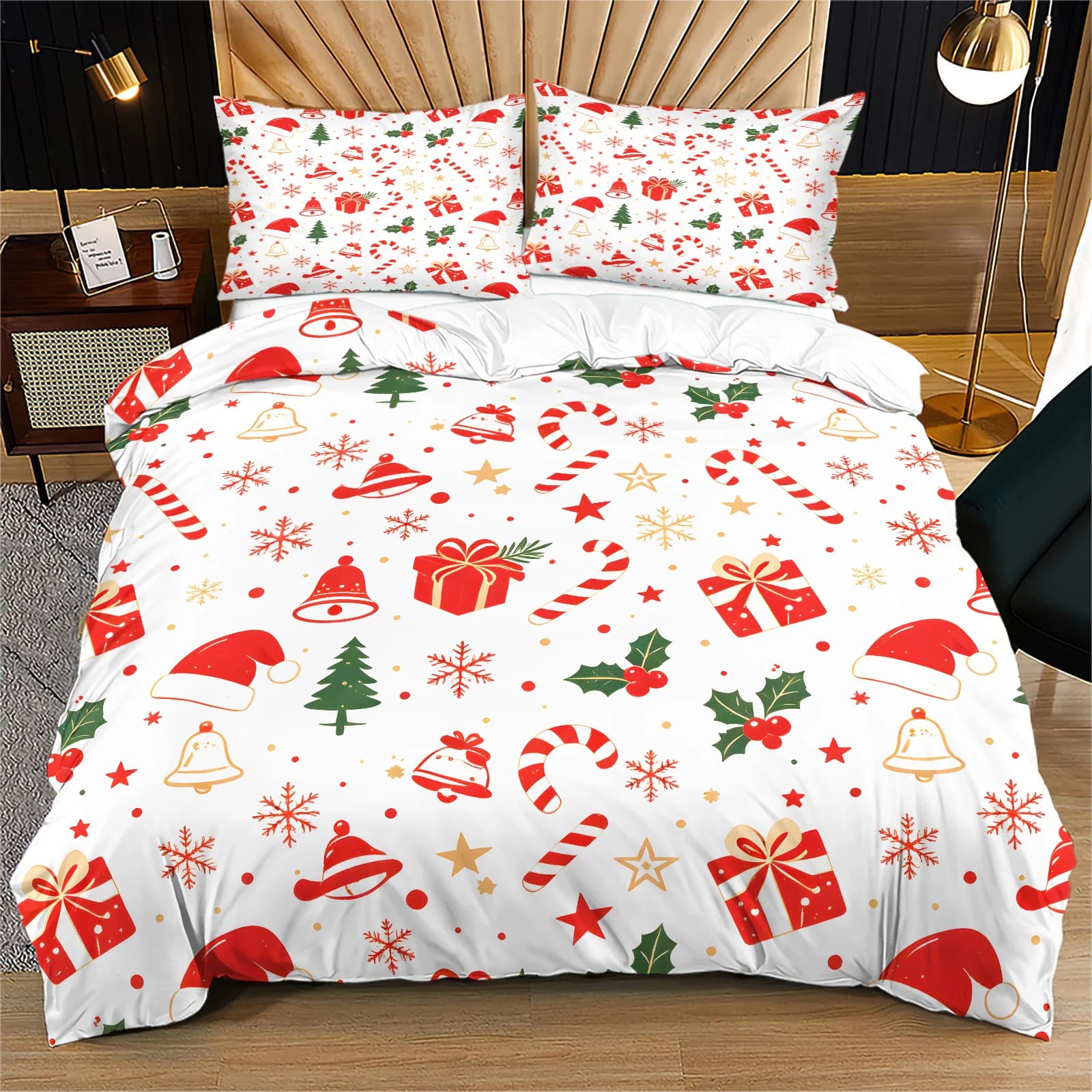 Christmas Duvet Cover Set Microfiber Xmas Santa Hat Candy Cane Gift Box Snowflake Print Bedding Set Holiday Bedroom Home Decor