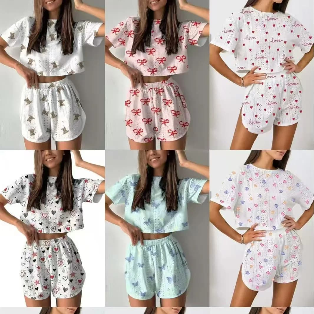 Women's Pajamas Set Sleepwear 2 PCS Short Tank Tops And Shorts S M L White Ventilate Soft Casual Love Printing