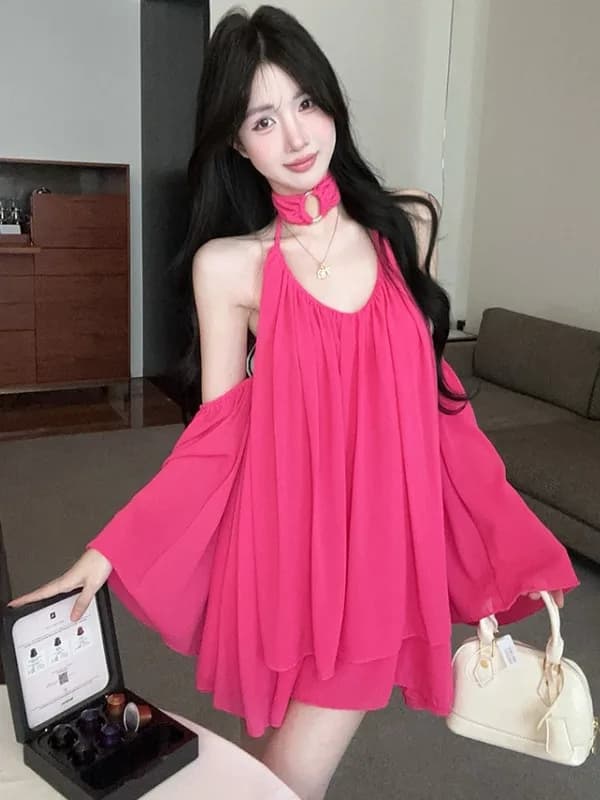 Fashionable Sexy Shoulder Bared Strap Dress Women's Autumn Versatile Pink A-Line Skirt Trendy Commute Korean Style Long ...