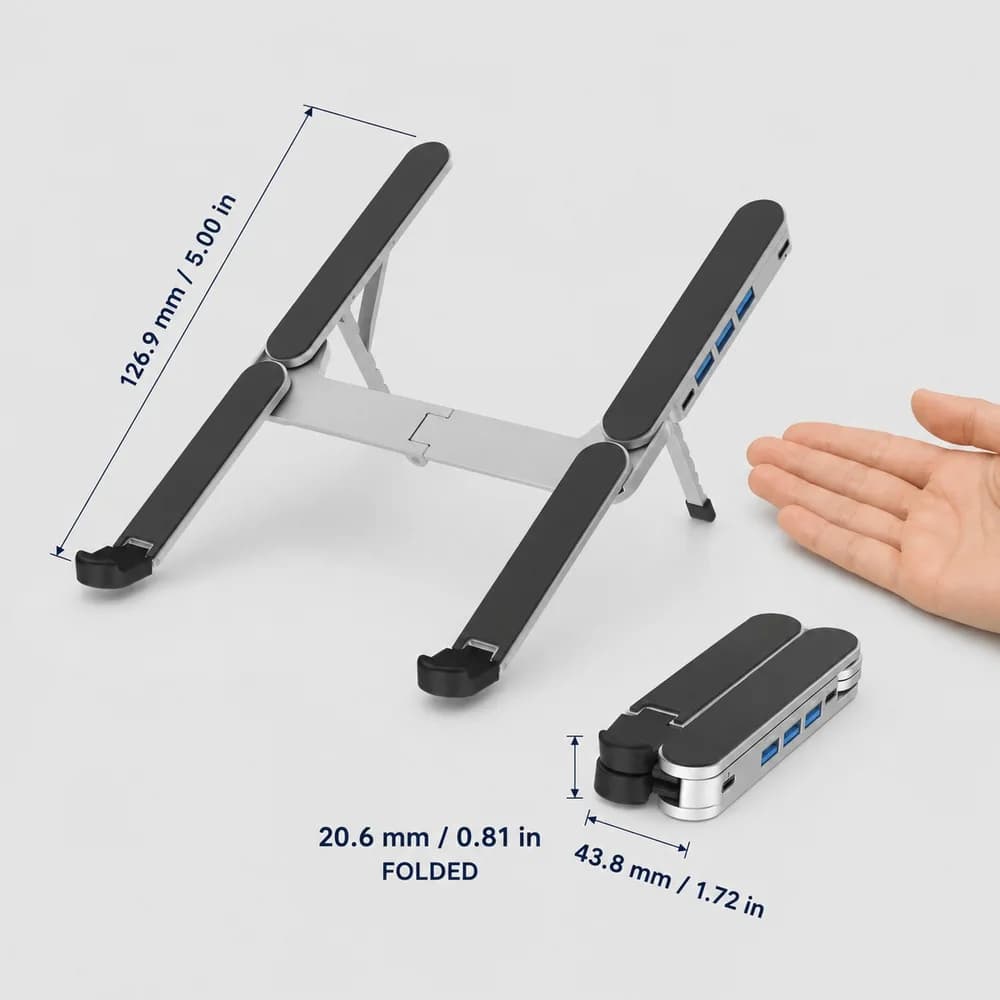 5-in-1 Foldable Laptop Riser with 3 USB-A 3.0 and USB-C Data Port, Adjustable Aluminum Stand for Home Office Travel
