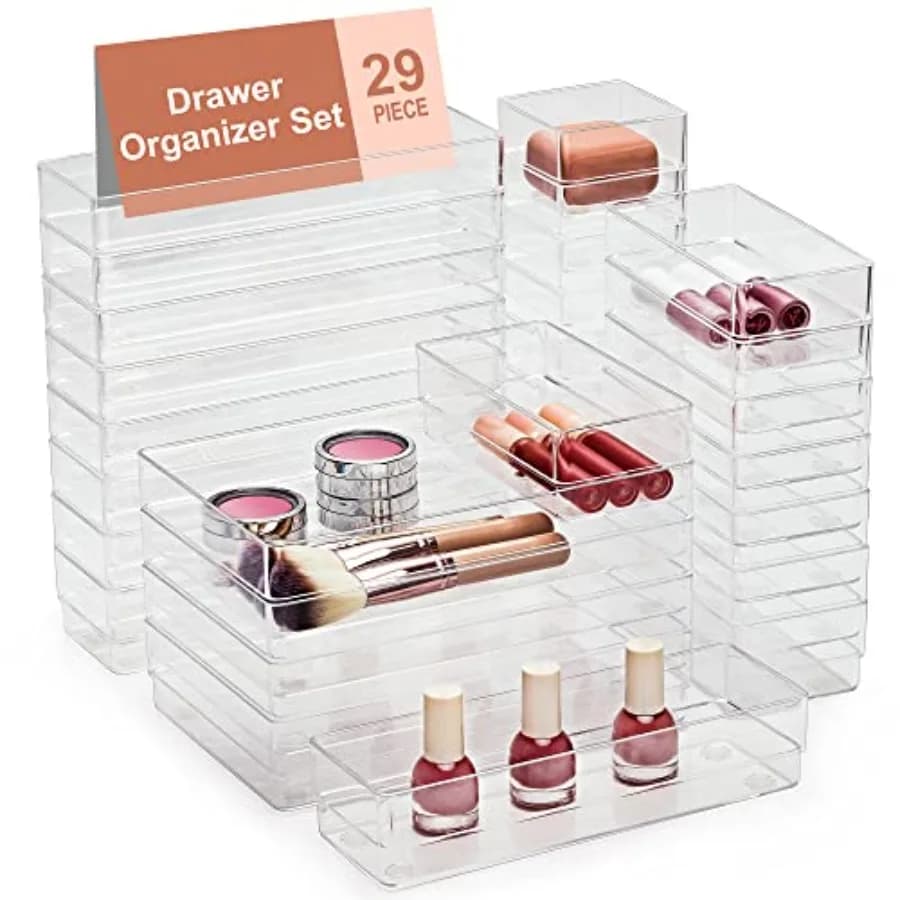 Organizzatore per Cassetti da 29 Pezzi con Cuscinetti in Silicone Antiscivolo, Vassoi Organizzatori per Cassetti da Scrivania in 4 Misure, Vassoio Portaoggetti per Trucchi, Gioielli e Utensili