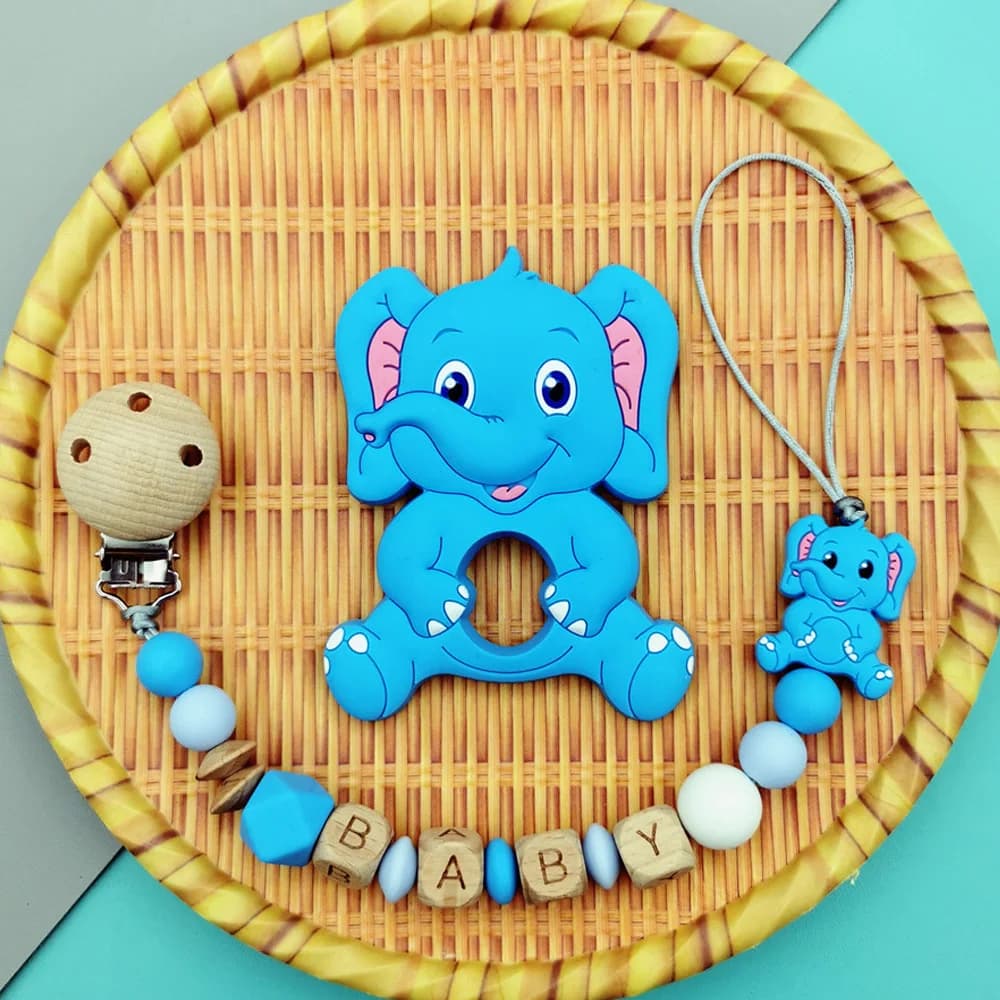 Nomi di lettere personalizzate ciondoli a catena con Clip per ciuccio elefante per neonato guinzaglio da masticare portapezzoli massaggiagengive regalo creativo