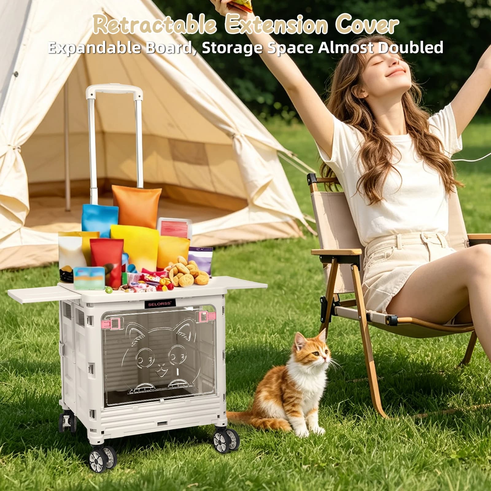 2-in-1 Foldable Shopping Cart & Rolling Pet Carrier, 55L Collapsible Utility Cart with Wheels, Pet Carrier with Telescopic Handle for Cats & Small Dogs, Portable Grocery Cart for Picnic, Travel