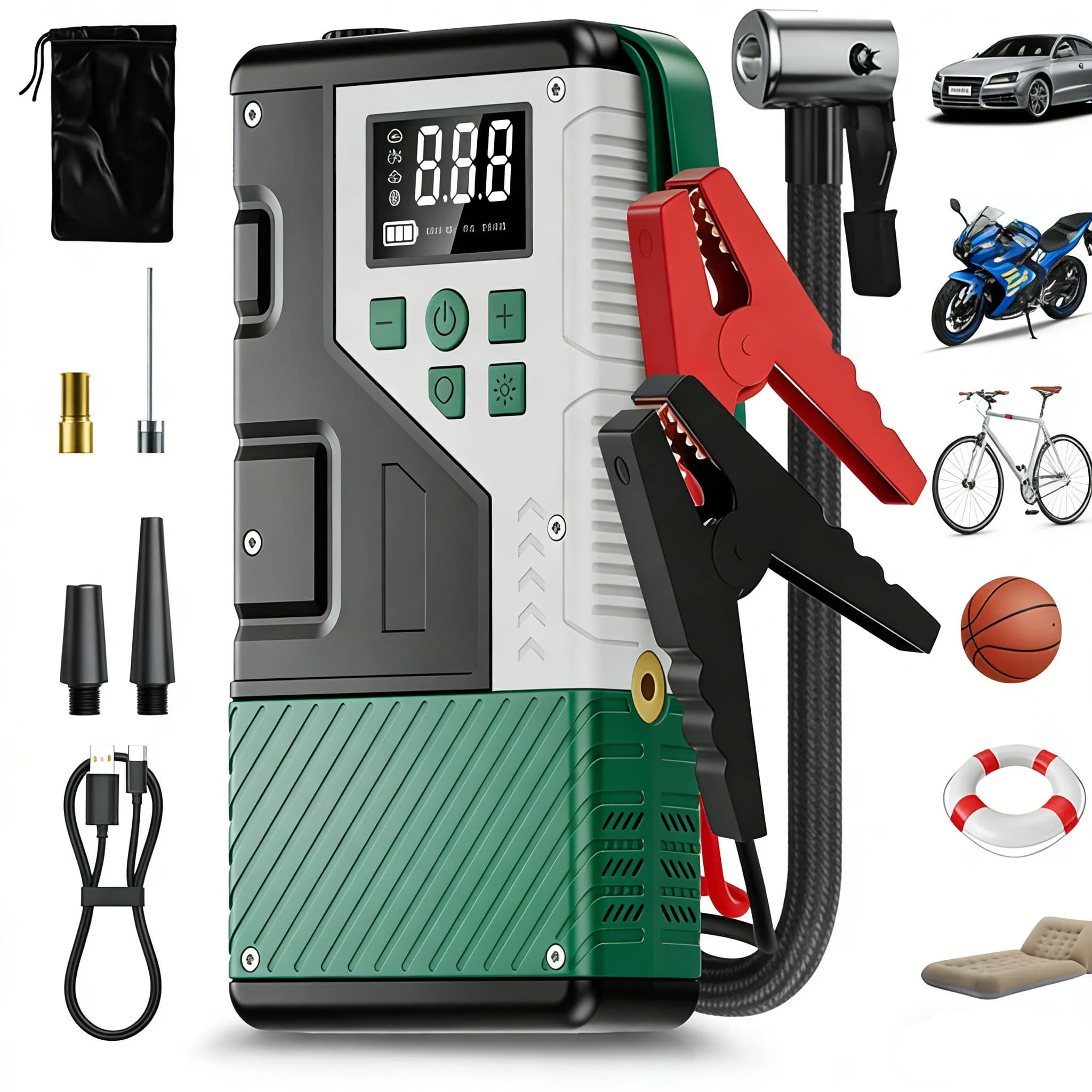 Compressore d'aria portatile per auto da 150 PSI aggiornato con avviatore di emergenza da 7000A, ideale per l'uso in campeggio all'aperto