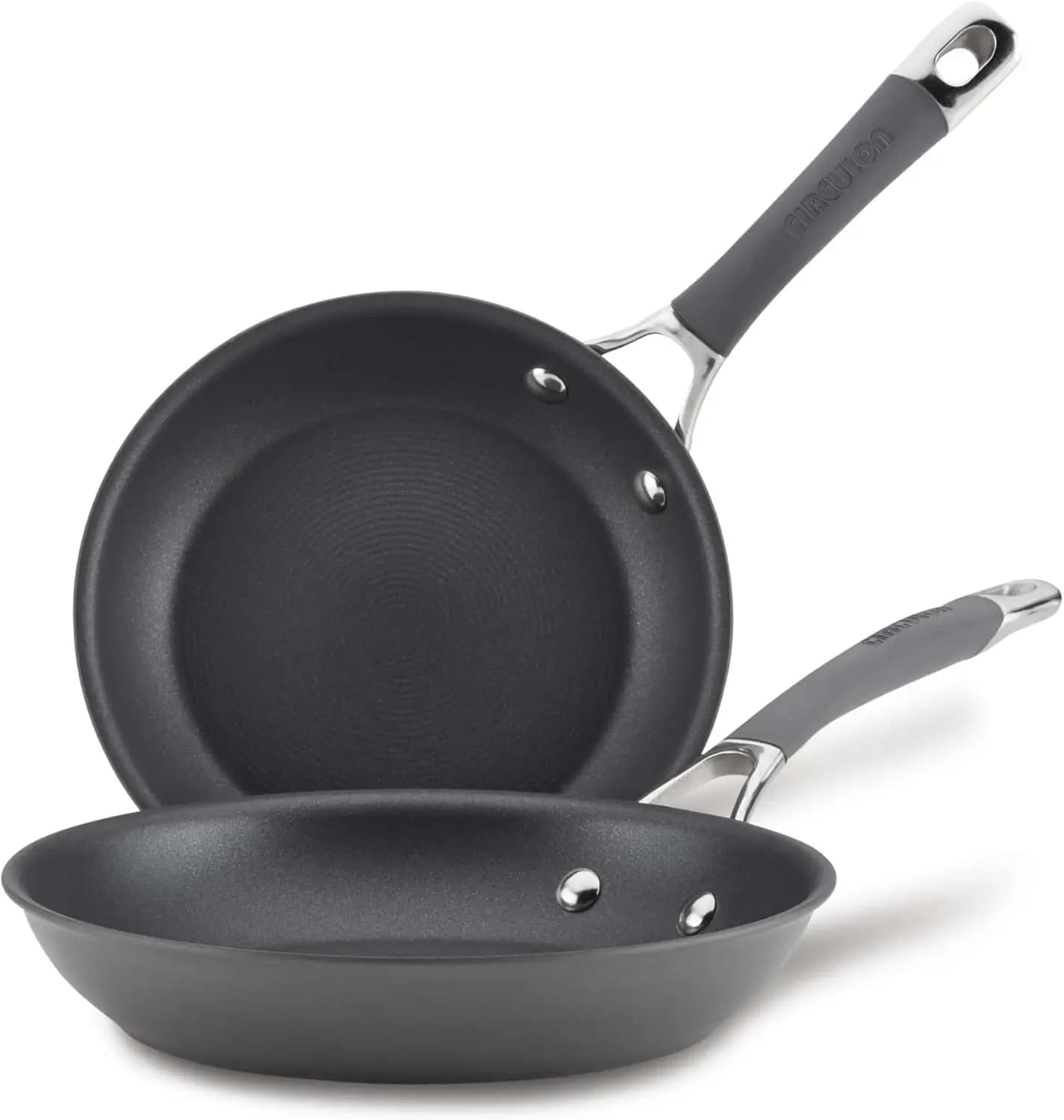 Set of hard anodized non-stick pans: 8.5 and 10 inches, grey, durable and safe for the oven