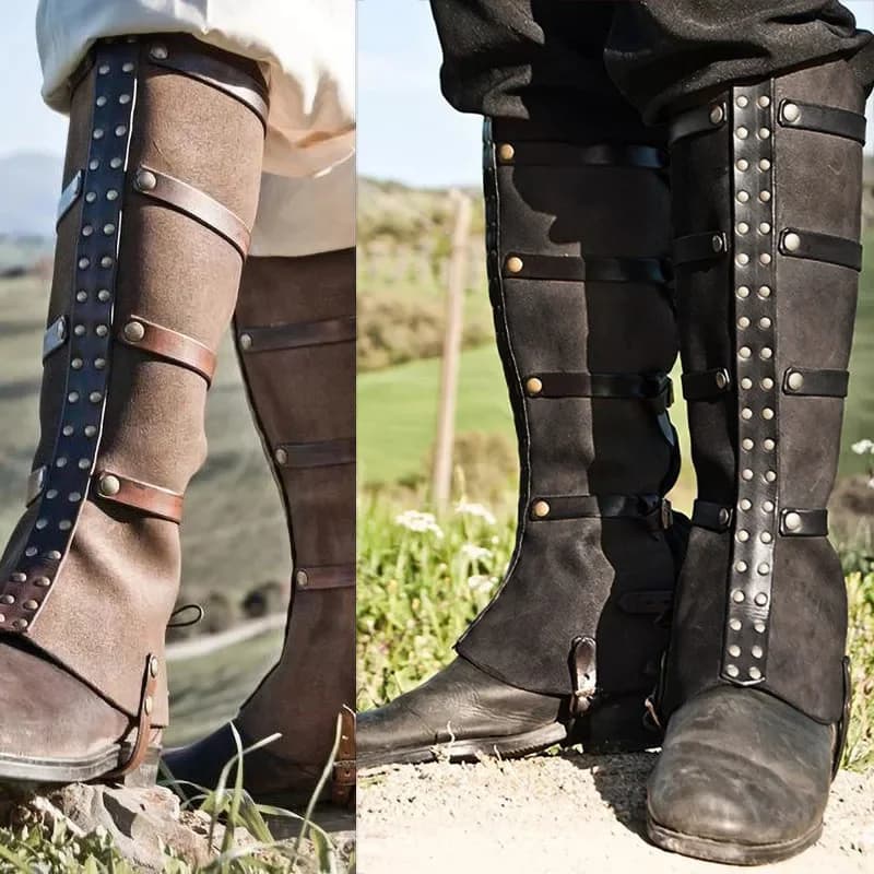 Medievale Steampunk Vichingo PU Pelle Gamba Armatura Ghetta Cavaliere Costume Moto Boot Copriscarpe Accessorio da Trekking Uomo Donna Larp