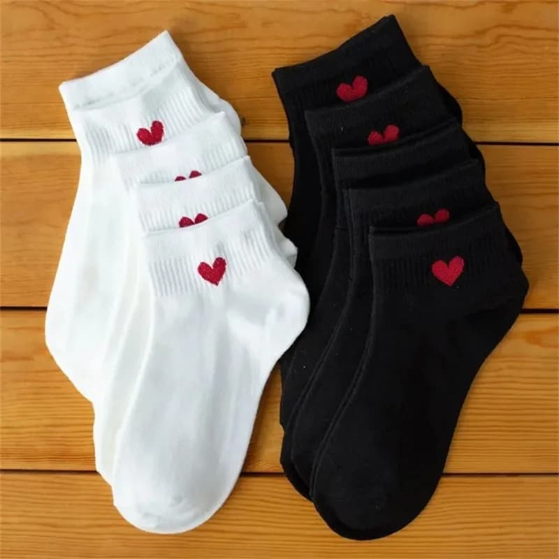 5 Pairs Black White Ankle Socks Women Spring Summer Low Tube Cotton Boat Socks Cute "Love Heart" College JK Girls Socks