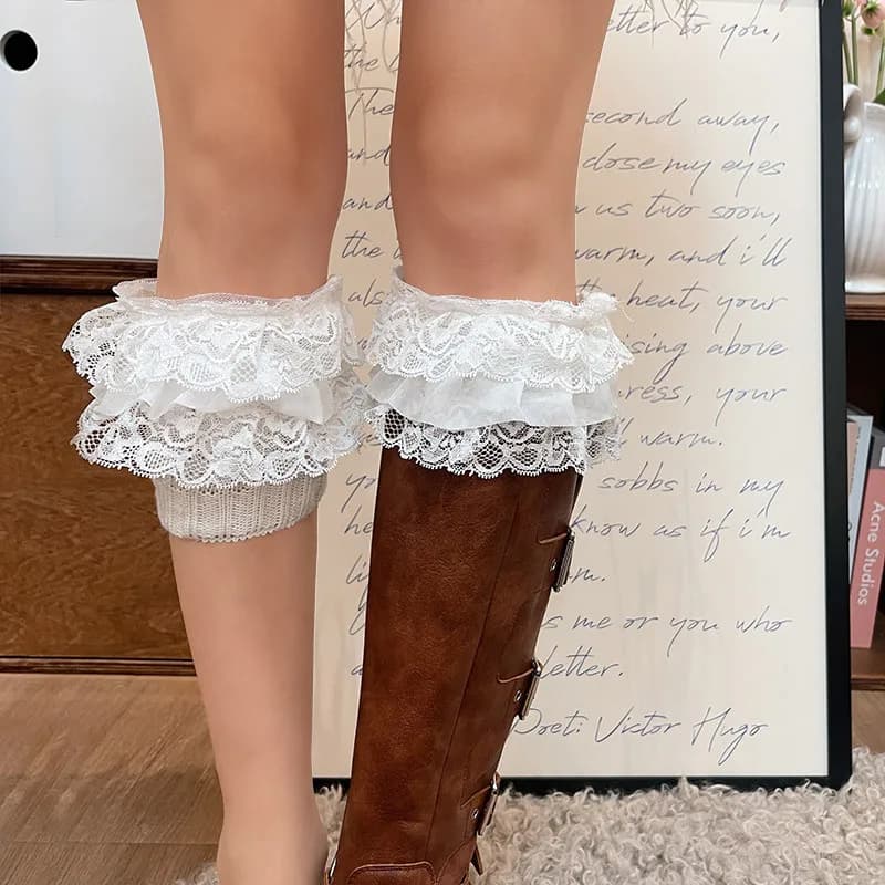Stivali di pizzo Vintage calzini scaldamuscoli donna giapponese Y2K pizzo lavorato a maglia inverno caldo misto cotone coprigambe calzini polsini accessori