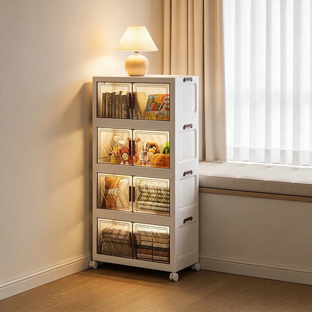 4 Level Folding Organizer with Doors and Wheels, Plastic Storage Box Stackable for Living Room, Bedroom, Office