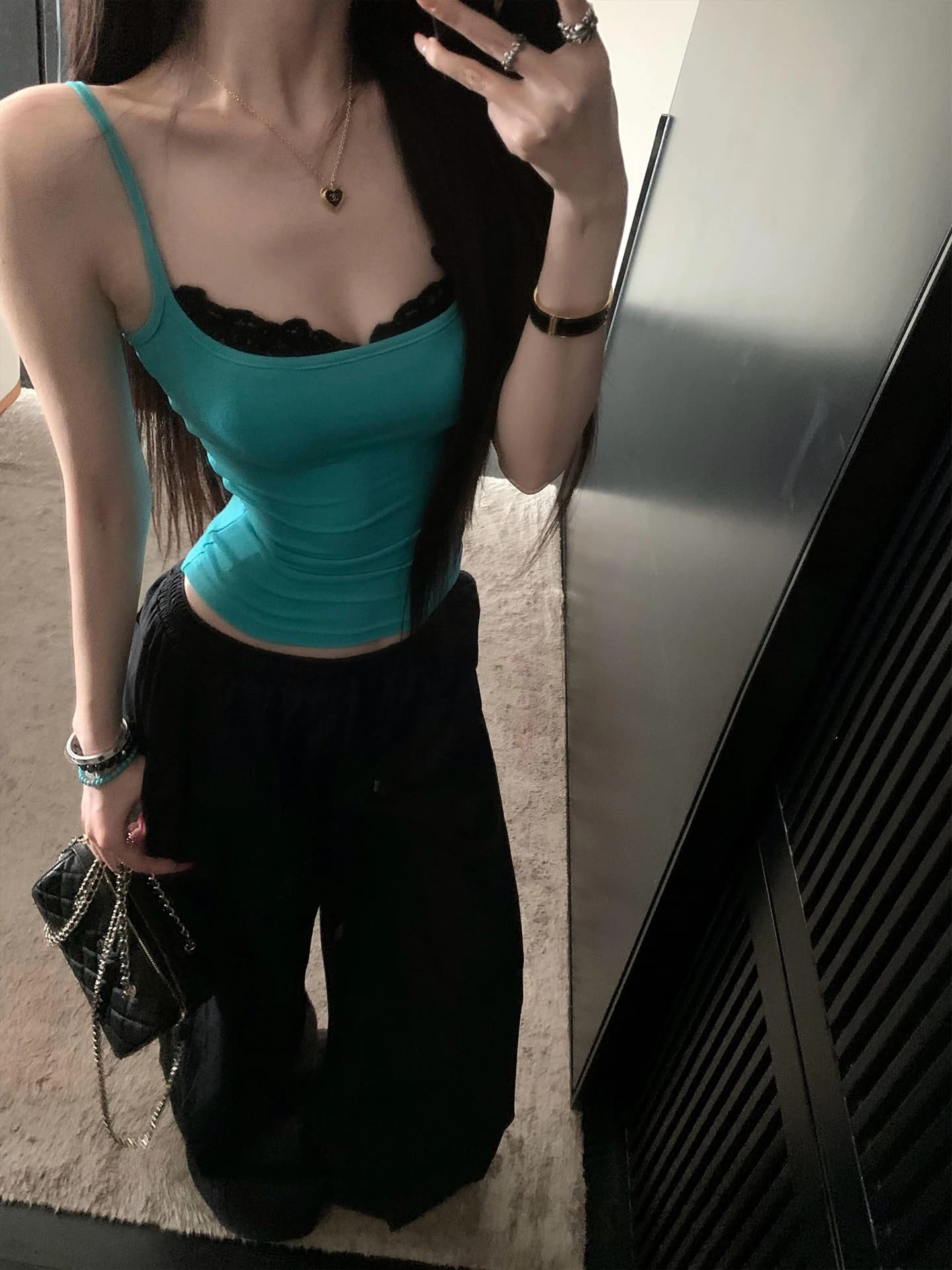 American Style Spicy Girl Lace Trim Color Block Strap Vest Women Summer Fake Two-Piece Slim Fit Sleeveless Top U-Neck Short