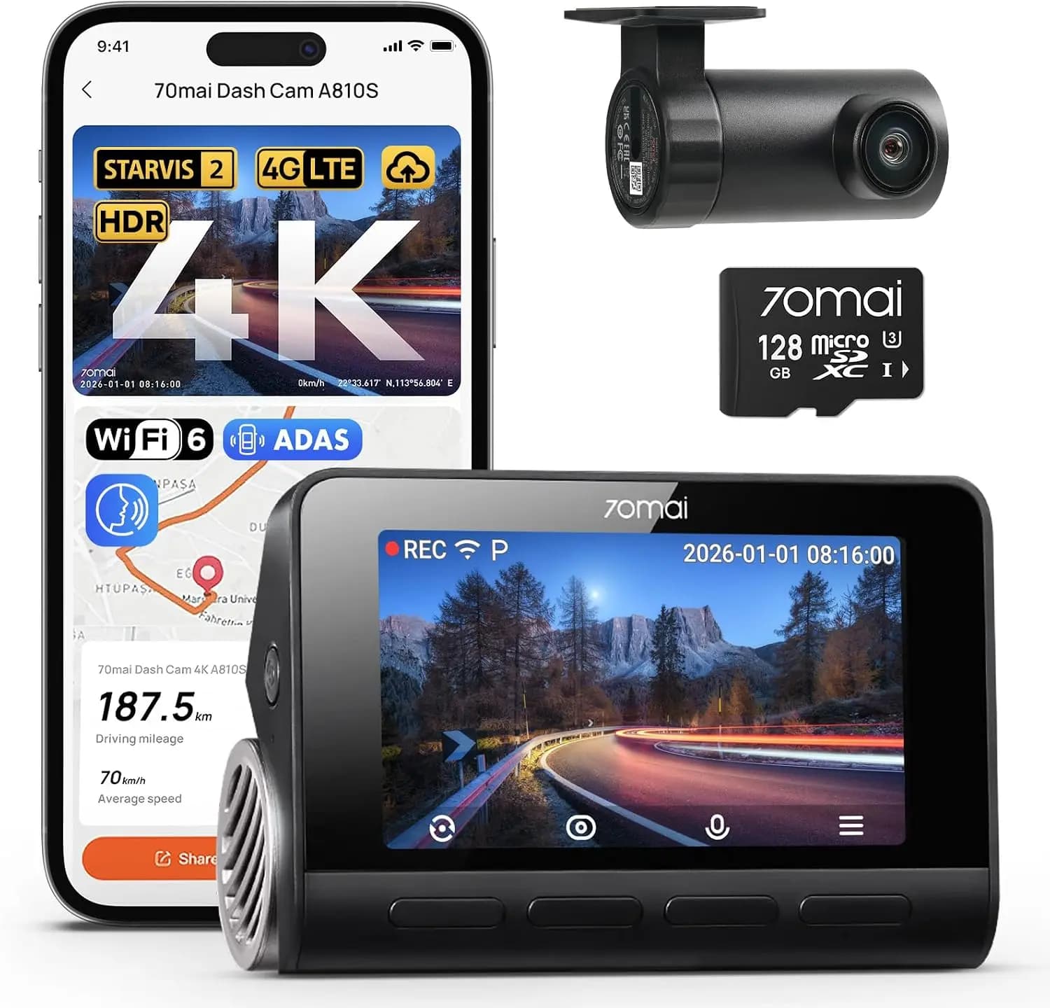 4K+1080P Dual Dash Cam with STARVIS 2, 4G LTE, AI Motion Detection, WiFi 6, GPS, 24H Parking, Night Vision, Voice Control