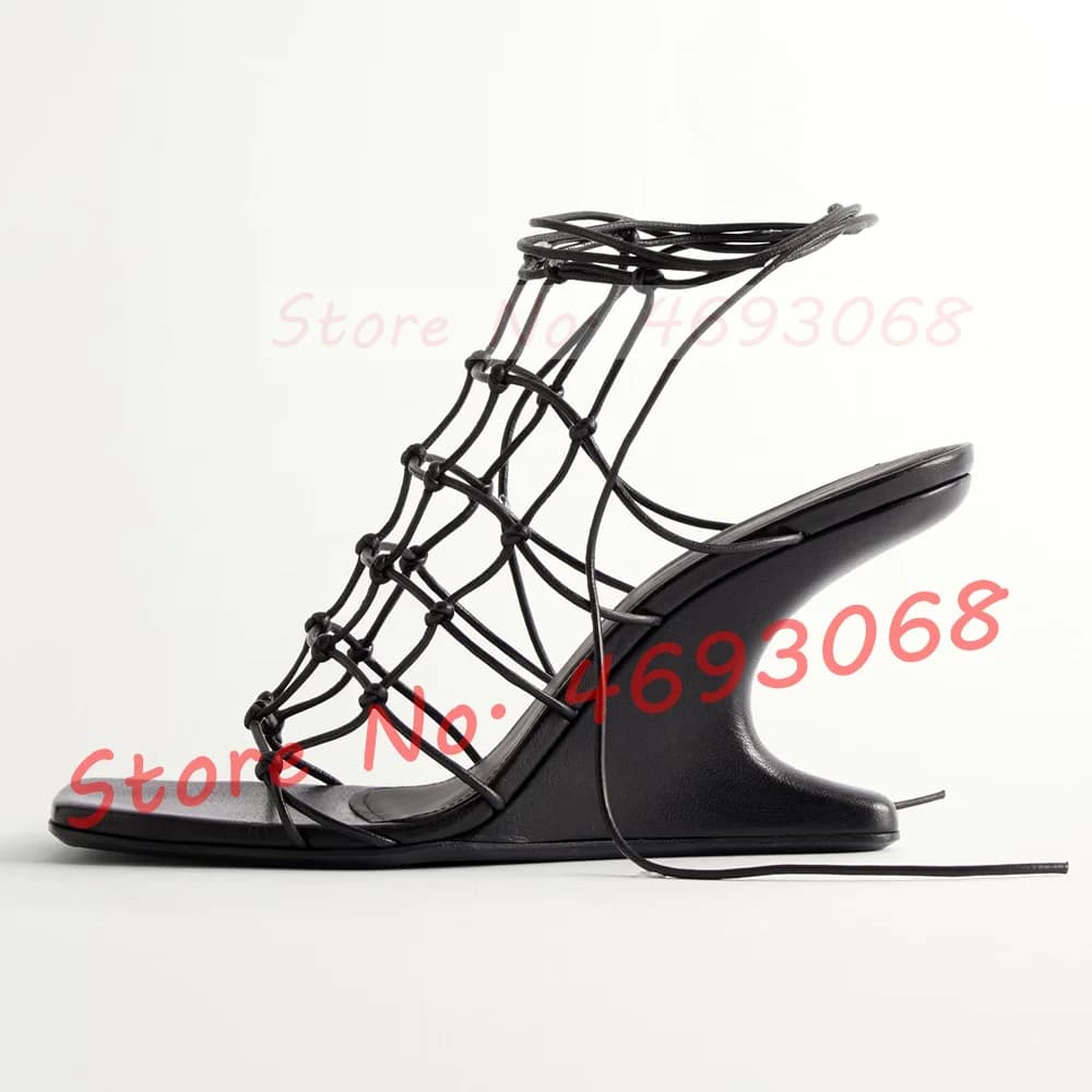 Black Knotted Mesh Curved Heel Sandals Women Sexy Cross Tied Fretwork Heel Shoes Ladies Trendy Caged Upper Square Toe Shoes