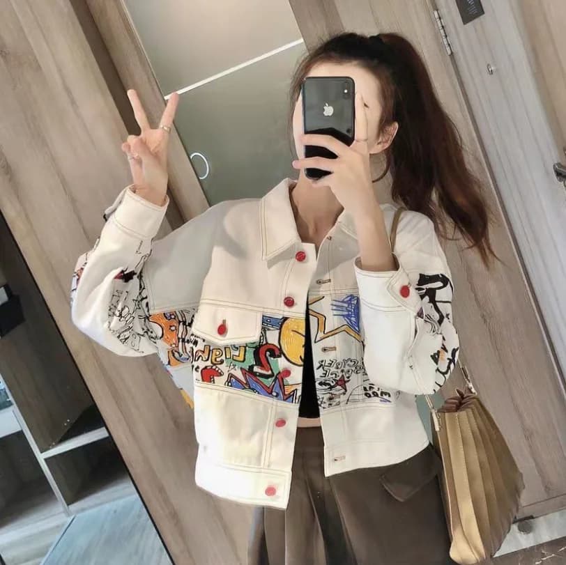 White Short Printed Denim Jacket For Women 2025 Spring Versatile Loose Korean Style Thin Fashion Jeans Jacket Femme w1145