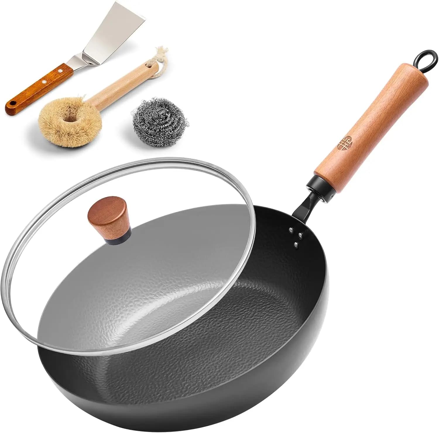 Padella in Ferro da 11 Pollici con Coperchio in Vetro e Spatola, Fondo Piatto, Non Rivestita e Non Aromatizzata, Compatibile con Induzione/Gas/Elettrico