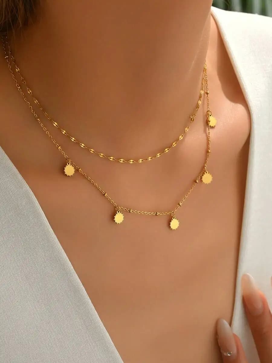 Minimalist Double Layer Geometric Disc Pendant Chain Necklace For Women Daily Wear