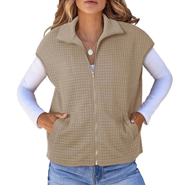Cross-Border Amazon Autumn Hot-Selling Women's Turn-Down Collar Zipper Waffle Pocket Sleeveless Oversized Sweatshirt