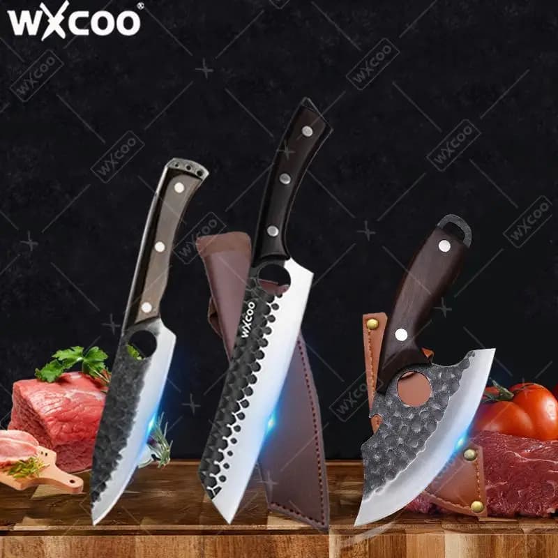 WXCOO Professional bone knife with wood handle, Forged in Hand, Durable kitchen knife, Multifunction with Bottle Opener, Butcher's knife