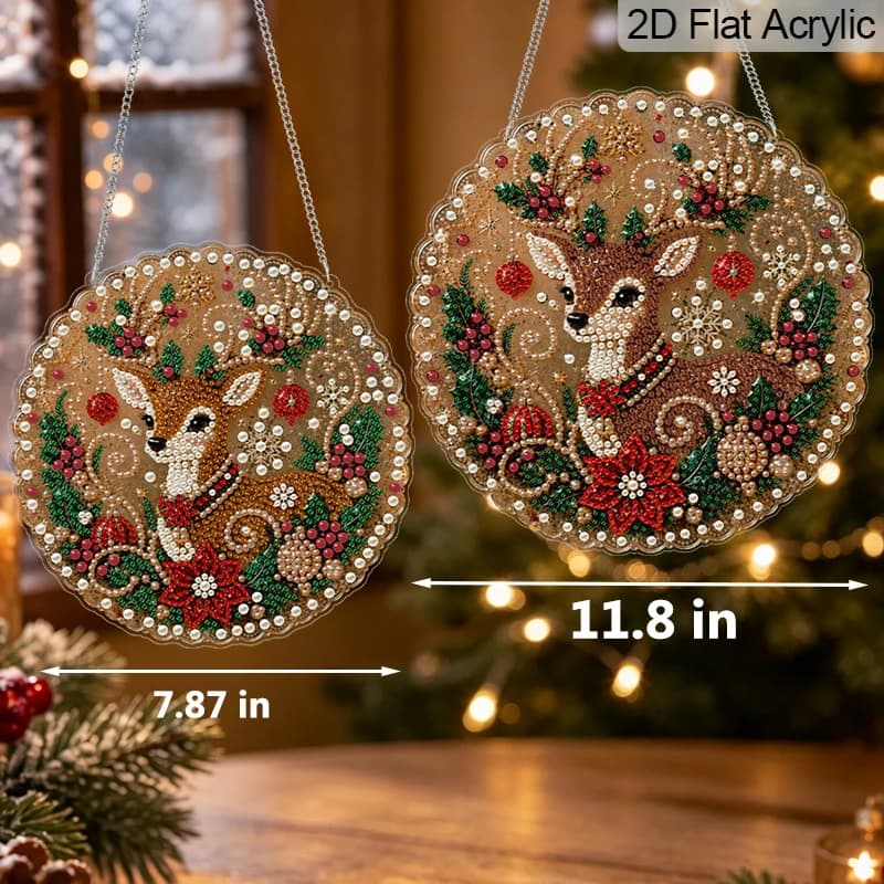 2D Flat, 1pc 11.8in/7.87in Round Acrylic Christmas Pearl Diamond Painting Hanging Ornament, Cute Reindeer Floral Pattern, Mixed