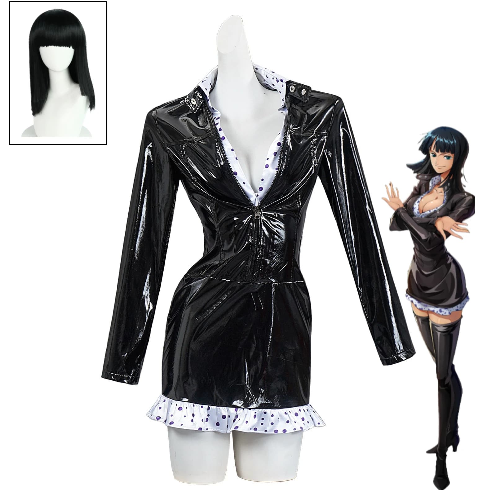 Nico Robin Costume Cosplay Robin 1st GenSexy V profondo a maniche lunghe Abito in pelle nera Parrucca Halloween Carnevale Festa Abito da donna