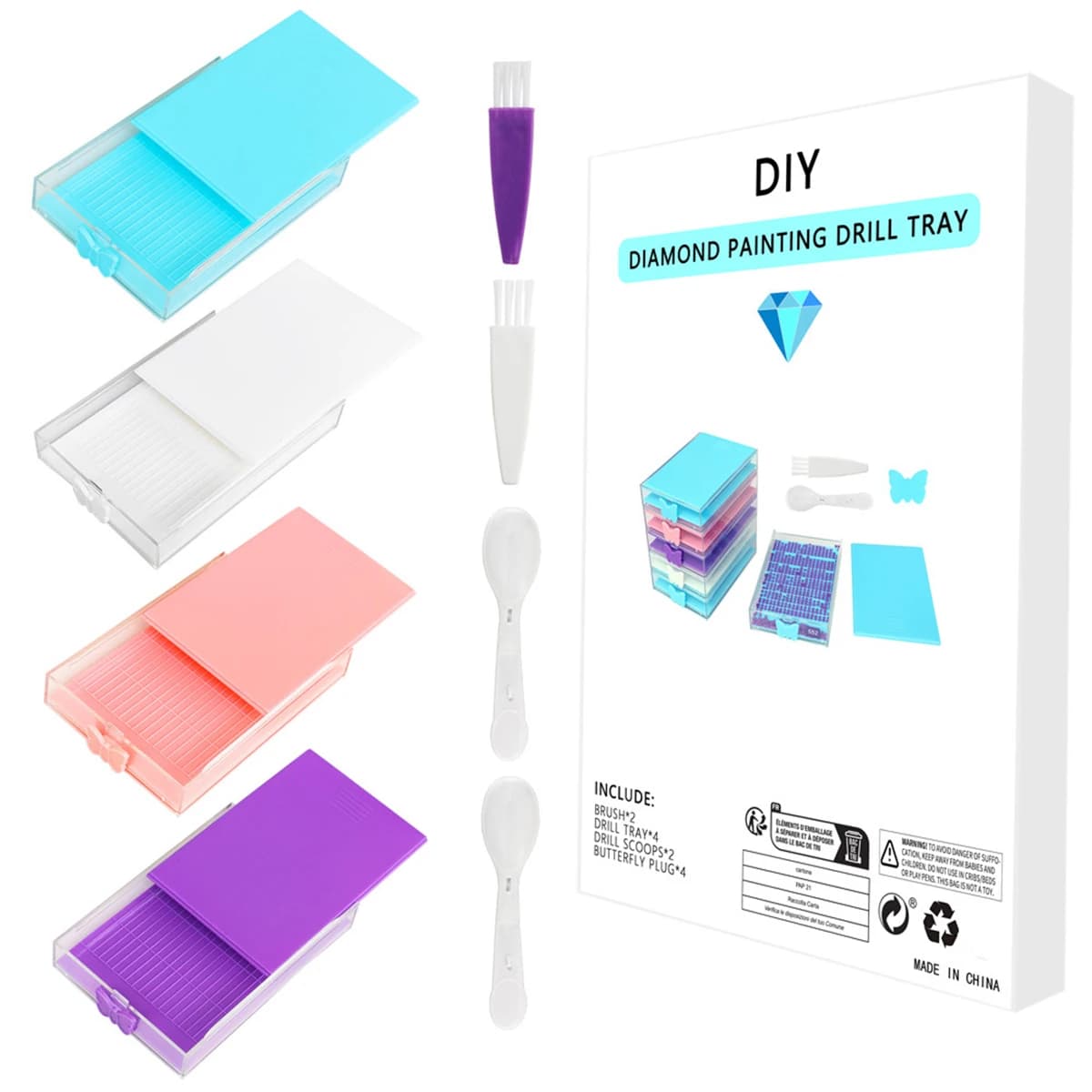 Set di 4 Pezzi/Scatola per Diamond Painting: Vassoio Porta Strumenti, Contenitore per Diamanti, Imbuto, Schermo, Disco di Perforazione, Disco Divisorio, Penna per Mosaico Diamantato, per Nail Art e Perline