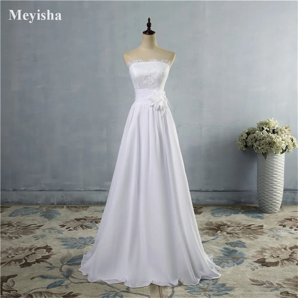 ZJ9016 Squisiti Abiti da Sposa a Linea A in Chiffon con Scollo a Cuore e Applicazioni in Pizzo Personalizzabili