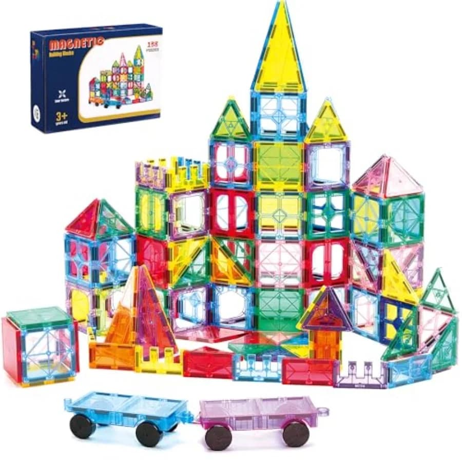 Magnetic Tiles Set with 2 Cars, STEM Educational Construction Building Blocks and Montori Learning Toys for Ages 3-9+ Years