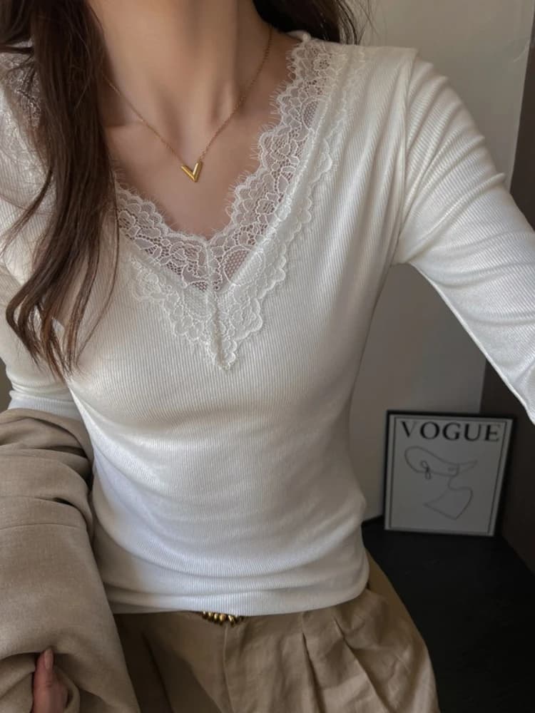T-shirt a maniche lunghe con scollo a V e pizzo, stile coreano, versatile, tinta unita, top elegante per primavera ed estate