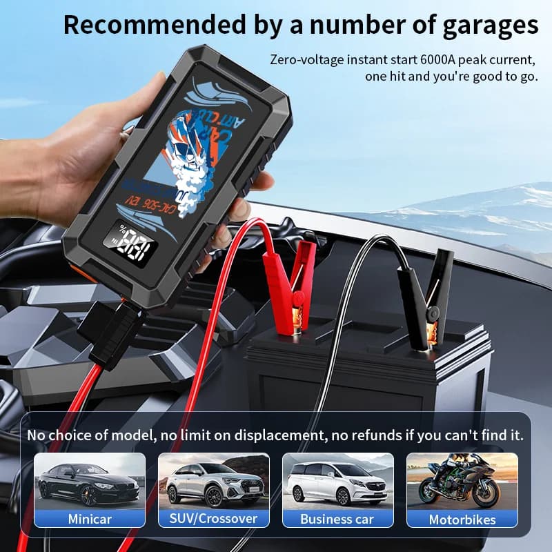 Avviatore d'emergenza per auto 12V multifunzione, power bank portatile con diagnostica energetica, martello di sicurezza e caricatore USB.