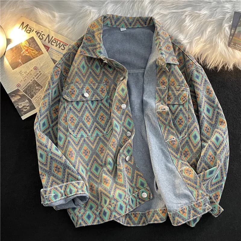 Trendy Ethnic Style Loose Casual Men's Denim Jacket Spring Autumn High Print Relax Fit Jacket Youth Popular Long Sleeve Coat