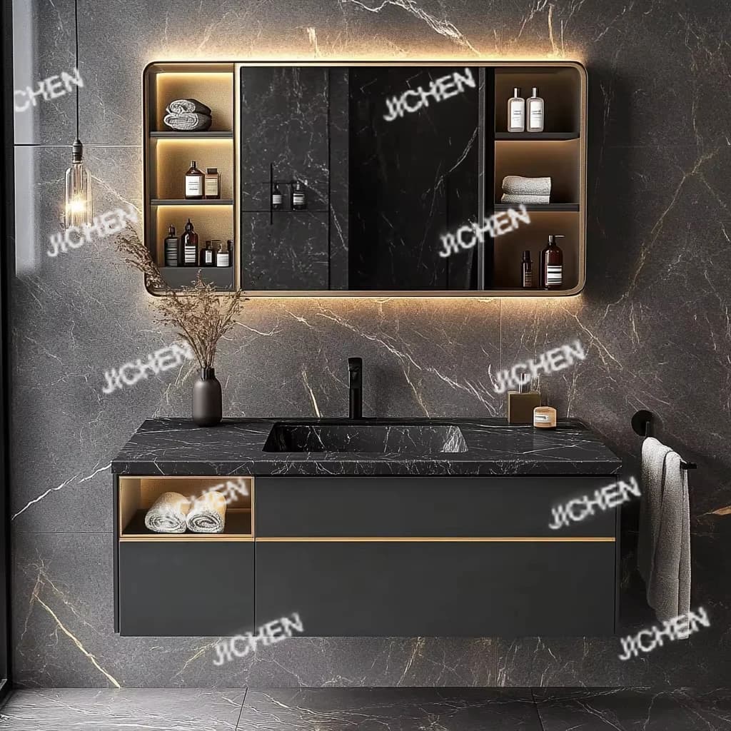 Set da bagno moderno da 40 60 80 pollici con lavabo a specchio, mobili da bagno dal design elegante con lavabo nel bagno