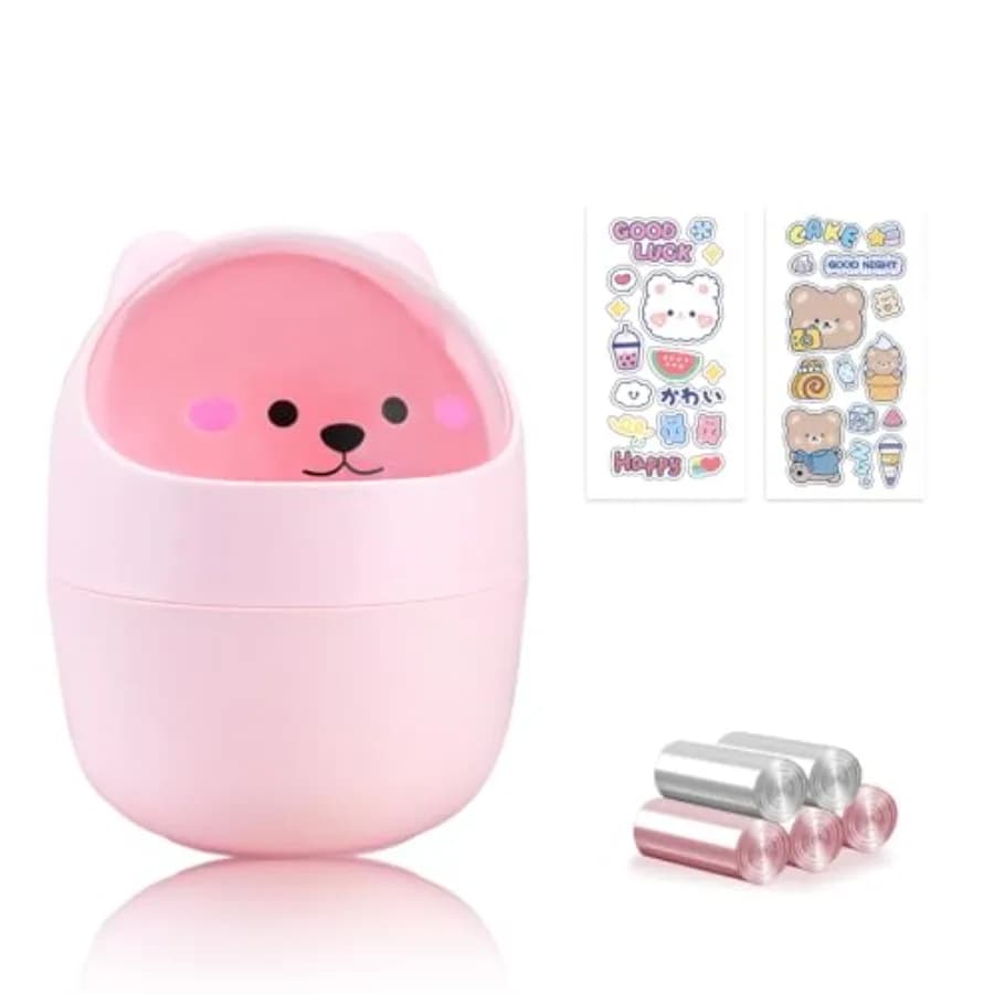 Cute Desktop Tiny Trash Can with Flip Lid, Creative Kawaii Bear Mini Wastebasket, Portable Countertop Dustbin for Office Kitche