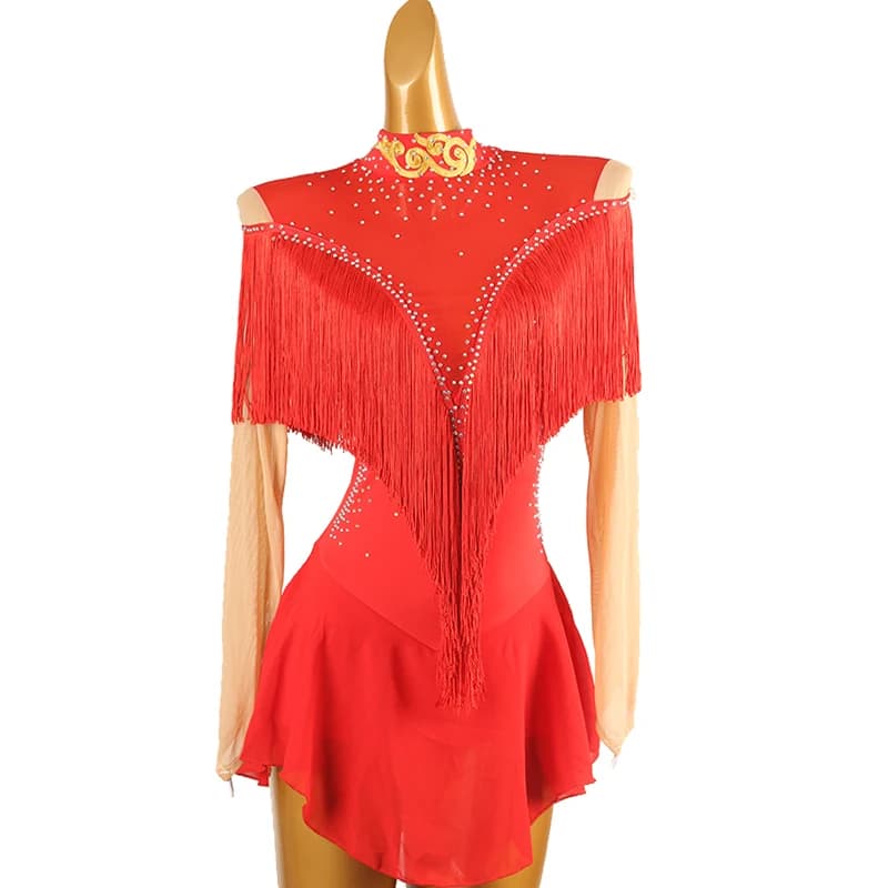 Abito da pattinaggio di figura con frange rosse Abito da pattinaggio su ghiaccio per ragazza da donna Costume da ginnastica strass di cristallo personalizzato B068