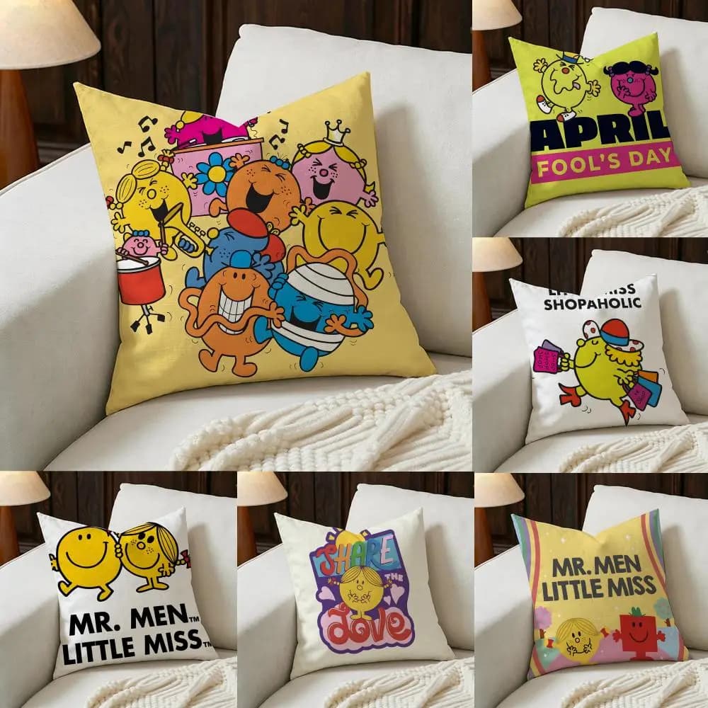M-Mr. Men and L-Little Miss Cushion Cover Natural Linen Pillowcase Set, All-in-One Decor for Sofa, Bedroom & Chair