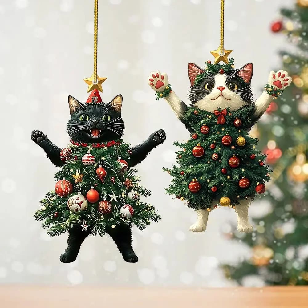 Ciondolo gatto di Natale 2D Ornamenti pendenti gatto cartone animato acrilico Ciondolo gatto nero di Natale Ornamenti decorativi per albero di Natale