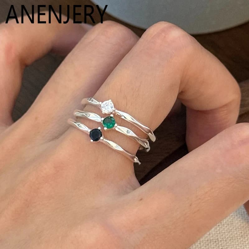 ANENJERY Anello sottile aperto con zirconi verdi bianchi neri per le donne Regali di gioielli di lusso di moda semplici e delicati Accessori all'ingrosso