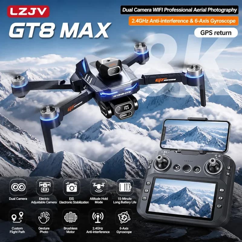New GT8 Drone Professional 8K Dual Camera FPV GPS Obstacle Brushless Optical Flow Hovering Foldable Quadcopter 1.5KM RC Dron Toy