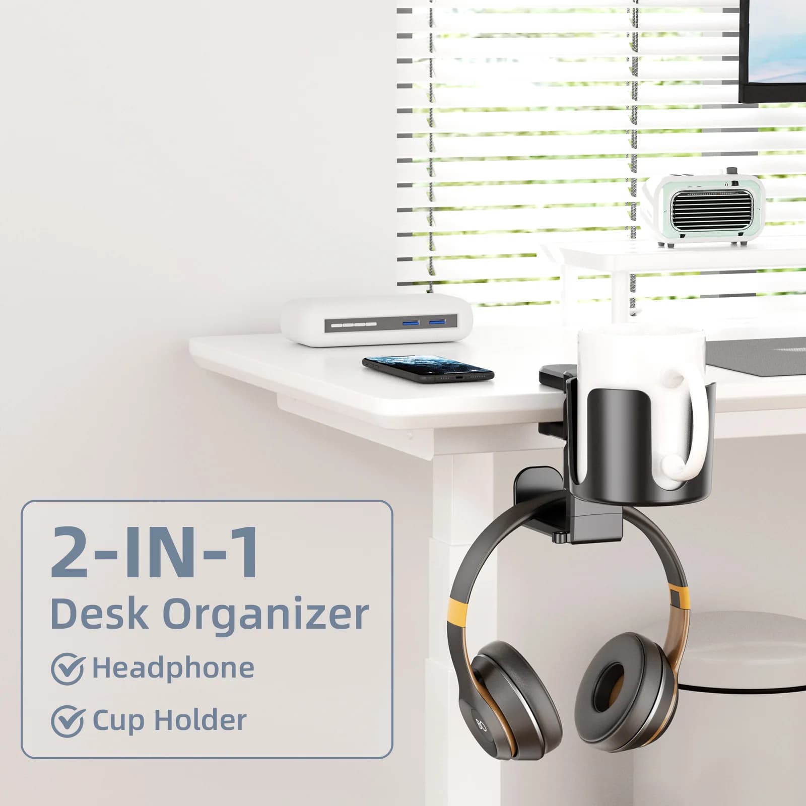 1PCS 2 in 1 Water Bottle & Cup Holder & Headphone Table Edge Adjustable Stable Stand Headset Mount Beverage Storage for Home Use
