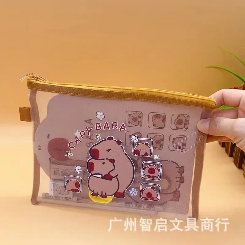 Cute 7 in 1 Capybara Cartoon Portable Stationery Set for Kids Gift Pencil Eraser Sharpener Ruler School Supplies Birthday Gift